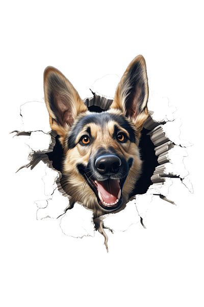 StoryGift Romania Sticker Adeziv 90CM cu un caine lup jucaus, ilustratie, scoate capul prin peretele spart, curi