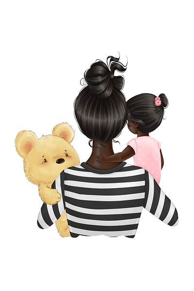 StoryGift Romania Sticker Eticheta 50CM cu o mama de culoare care isi tine fetita in brate, ilustratie, urs de p