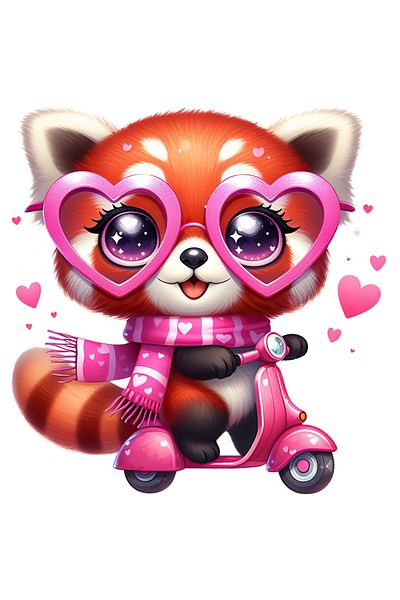 StoryGift Romania Sticker Eticheta 50CM cu un urs Panda Rosu care merge cu scuterul, ilustratie, plimbare, vitez