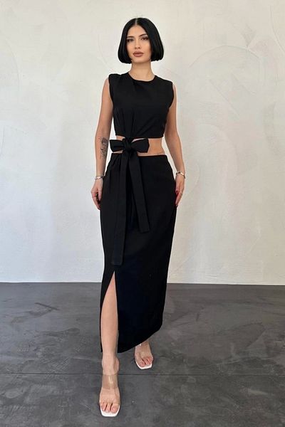 nedo7 Black Belted Crop and Skirt Set