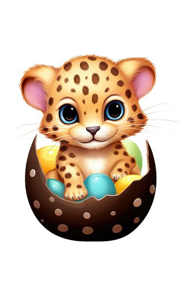 StoryGift Romania Sticker With A Tiger Cub Coming Out Of A Broken Egg, Illustration, Several Painted Eggs,