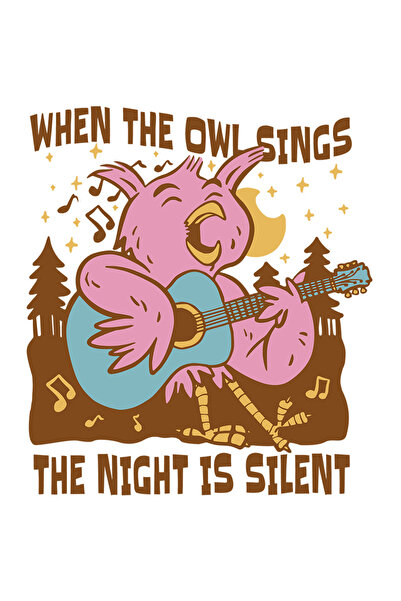 StoryGift Romania Sticker Cu Mesaj In Engleza When The Owl Sings The Night Is Silent, Bufnita, Chitara, Muzi