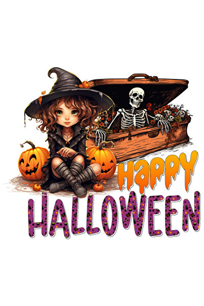StoryGift Romania Sticker Adeziv 90CM cu o mica vrajitoare cu mesajul "Happy Halloween", ilustratie, Halloween f