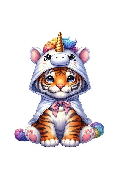StoryGift Romania Sticker Label 50CM with a tiger in a unicorn costume, illustration, for children, playful, dishes