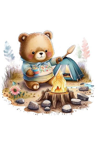 StoryGift Romania Sticker Eticheta 50CM cu un ursulet care gateste, ilustratie, foc, pietre, cort, padure, copac