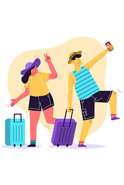 StoryGift Romania Sticker Eticheta 40CM Cu Turisti, Calatorie, Cuplu, Bagaje, Troller, Palarie, Telefon, cu Mar