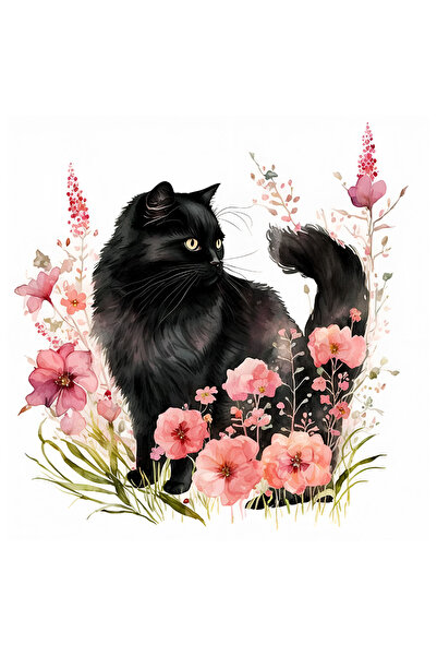 StoryGift Romania Sticker Autocolant 70CM cu o pisica neagra, ilustratie, flo...