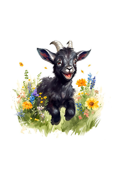 StoryGift Romania Sticker Autocolant 70CM cu o caprita neagra care zburda, ilustratie, iarba, natura, plante, fl