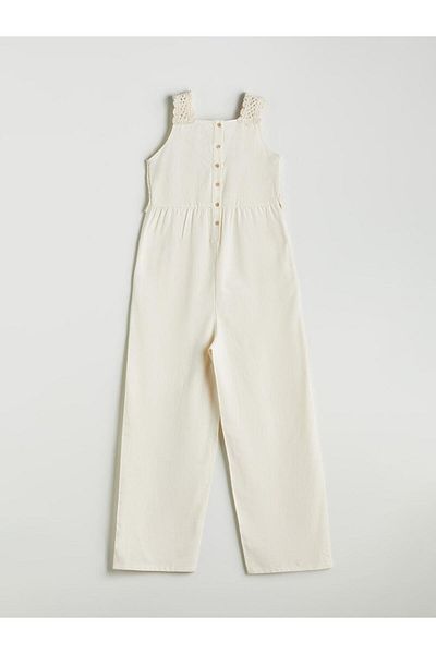 LC Waikiki Square Collar Lace Detailed Linen Blended Girl's Jumpsuit (S5)