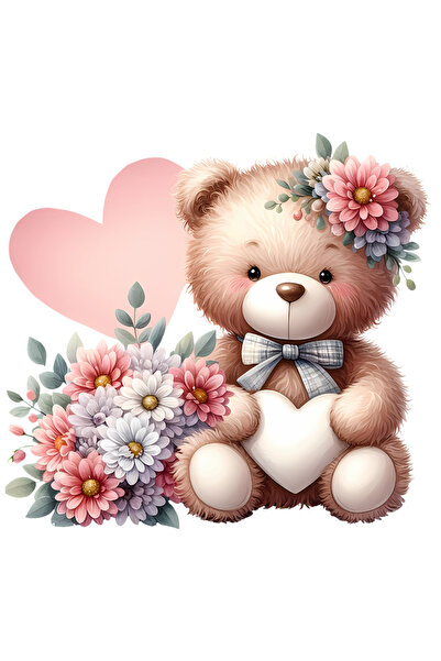 StoryGift Romania Sticker Autocolant 70CM cu un ursulet de plus care tine o inimioara, ilustratie, floricele div