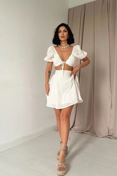 nedo7 Ecru Brode Crop and Mini Skirt Set