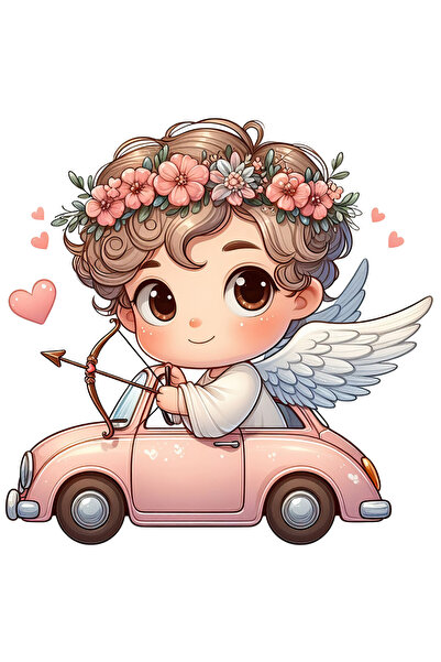 StoryGift Romania Sticker Eticheta 50CM cu un bebelus Cupidon care se plimba cu masina, ilustratie, trage cu arc