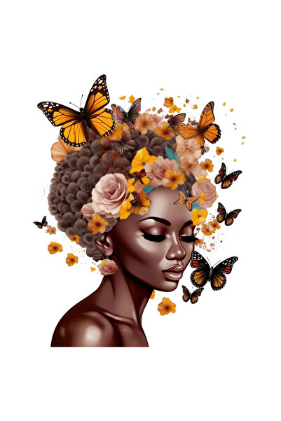 StoryGift Romania Sticker Autocolant 70CM cu o femeie afro, ilustratie, draguta, fluturi, flori in par, abstract