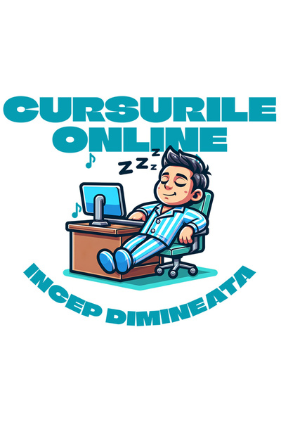 StoryGift Romania Sticker Autocolant 70CM cu Barbat In Pijama La Birou Dormind Text Cursurile Online Incep Dimin