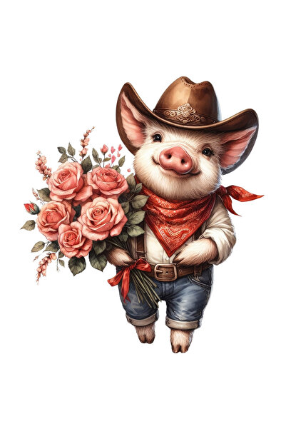 StoryGift Romania Sticker Eticheta 40CM cu un purcelus cowboy care tine un bu...