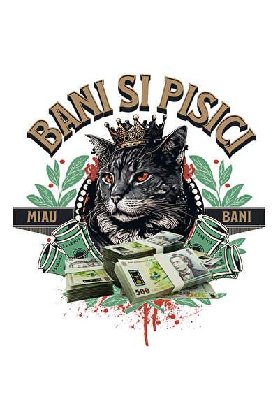 StoryGift Romania Sticker Eticheta 50CM cu Pisica Regina Cu Teancuri Bancnote 500 Ron, Text bani Si pisici cu Ma