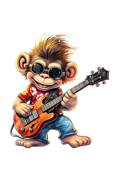 StoryGift Romania Sticker Eticheta 50CM cu o maimuta care canta la chitara, ilustratie, instrument muzical, muzi