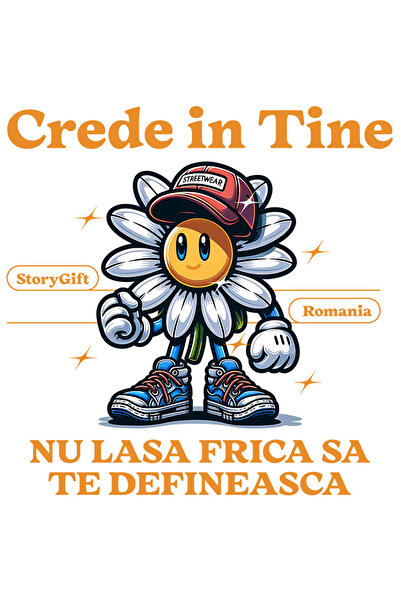 StoryGift Romania Sticker Autocolant 70CM cu Floare Vesela Cu Sapca Text Crede In Tine Nu Lasa Frica Sa te Defin