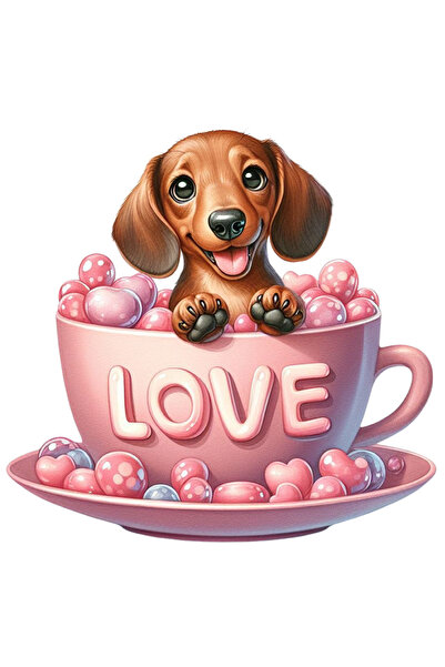 StoryGift Romania Sticker Autocolant 70CM cu un catelus Dachshund care sta intr-o ceasca, ilustratie, vesel, juc