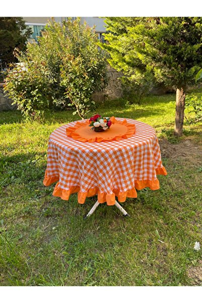 LILYUM Frilly Gingham Patterned Round Tablecloth
