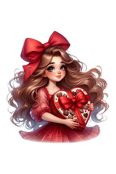 StoryGift Romania Sticker Eticheta 40CM cu o fetita vesela cu parul lung, ilustratie, par saten, tine o cutie cu