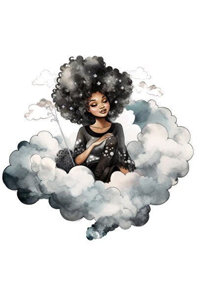 StoryGift Romania Sticker Autocolant 70CM cu o fata afro, ilustratie, norisori, somnoroasa, stelute in par, obos