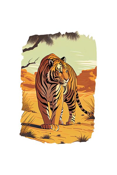 StoryGift Romania Sticker With Tiger, Savannah, Sand, Sun, Tree, With White Edges, Pvc Vinyl 90 Cm