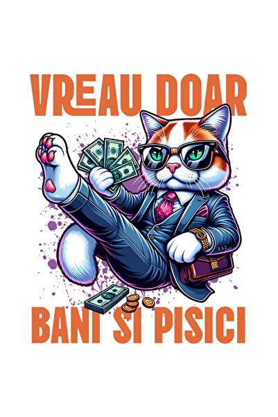 StoryGift Romania Sticker Autocolant 70CM cu Pisica In Costum Office Cu Bancn...