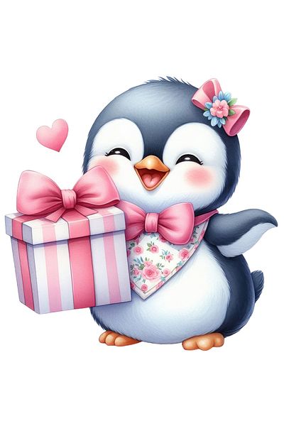 StoryGift Romania Sticker Eticheta 50CM cu un pinguin care e foarte bucuros, ilustratie, inima, Valentine's Day