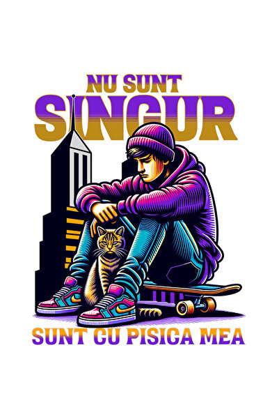 StoryGift Romania Sticker Adeziv 90CM Adeziv Baiat pe skateboard cu o pisica,...