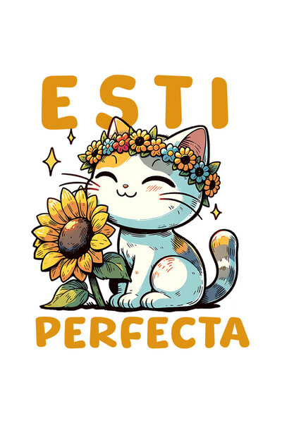 StoryGift Romania Sticker Autocolant 70CM cu Pisica Vesela Cu Coroana De Flori Floarea Soarelui Text Esti Perfec