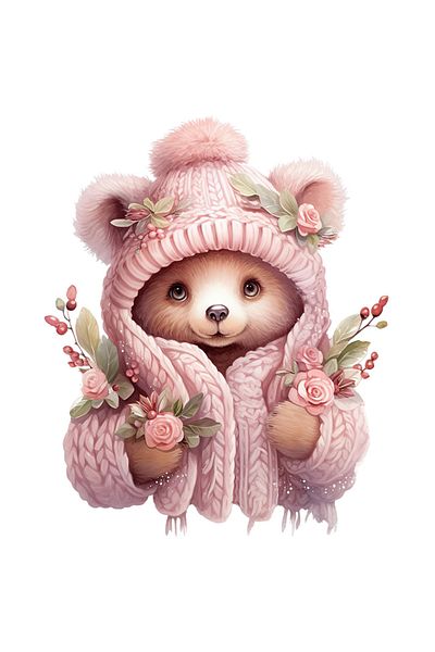 StoryGift Romania Sticker Eticheta 50CM cu un urs imbracat gros, ilustratie, flori, natura, afara, frig, haine c