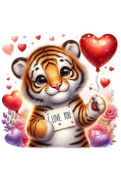 StoryGift Romania Sticker Label 50CM with tiger cub with the message "I love you", many hearts, various flowers c