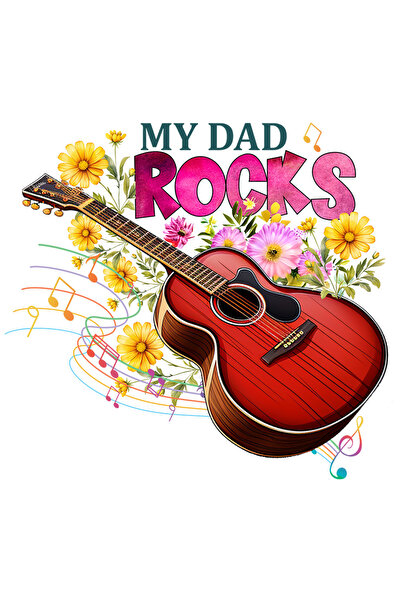 StoryGift Romania Sticker Adeziv 90CM cu o chitara cu mesajul "My dad rocks", note muzicale, flori, tata, ilustr