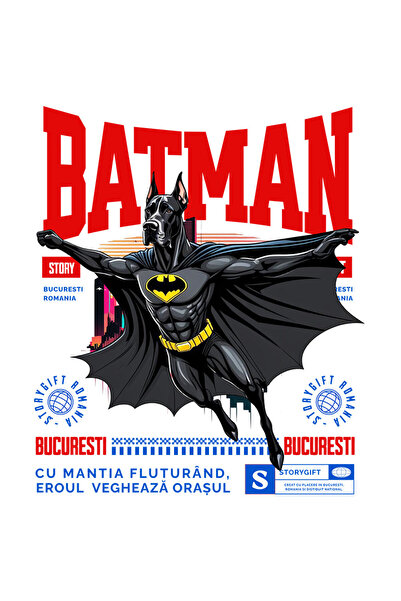 StoryGift Romania Sticker Autocolant 70CM cu Dog German / Great DaneCaine In Costum de BatMan cu Pelerina, Erou