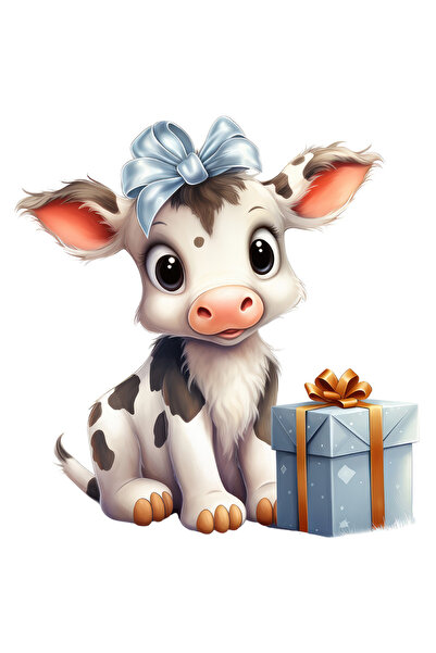 StoryGift Romania Sticker Eticheta 40CM cu o vacuta surprinsa care are un cadou, a fost cuminte, a primit un dar