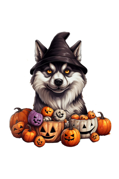 StoryGift Romania Sticker Autocolant 70CM cu un caine Malamut de Alaska care se uita bizar, ilustratie, dovleci