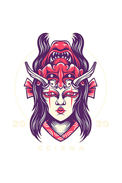 StoryGift Romania Sticker Eticheta 50CM Cu Mesaj Geisha, Masca, Oni, Femeie, Coarne, Funda, cu Margini Albe, PV