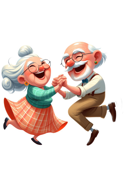 StoryGift Romania Sticker Eticheta 50CM cu o bunicuta si un bunic, ilustratie, danseaza si se simt bine, fericir