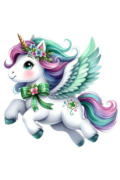 StoryGift Romania Sticker Eticheta 50CM cu un unicorn cu aripi, ilustratie, flori, trifoi cu patru foi tatuat, f
