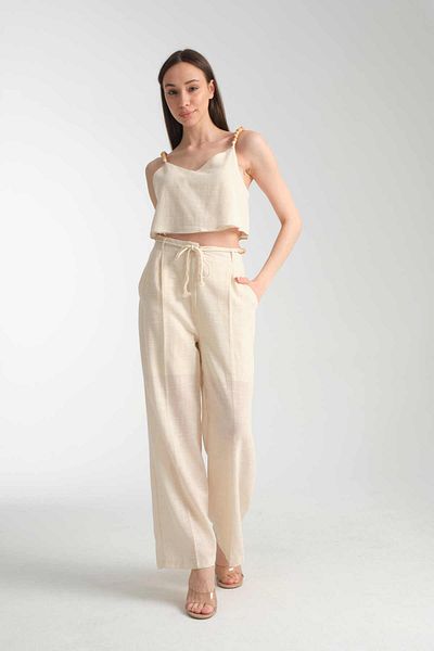 İLKCET MODA Bead Detailed Linen Bottom Top Women's Set