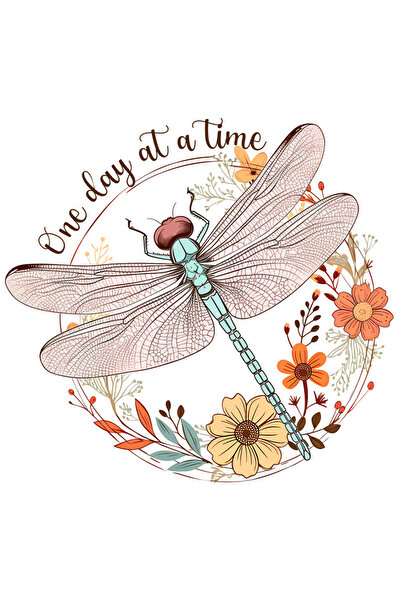StoryGift Romania Sticker Eticheta 40CM cu libelula cu inconjurata de flori cu mesajul "One day at a time", rabd