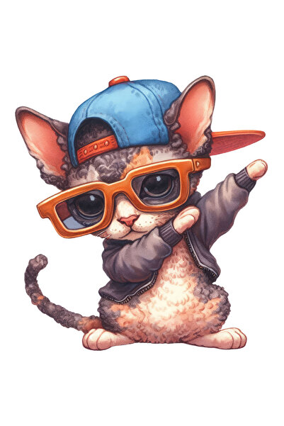 StoryGift Romania Sticker Eticheta 40CM cu un pisoi, ilustratie, rap, ochelari, danseaza, sapca, serios cu Marg