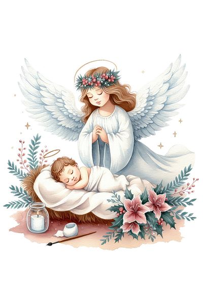 StoryGift Romania Sticker with a sleeping baby and his guardian angel, illustration, watch over, care, protection,