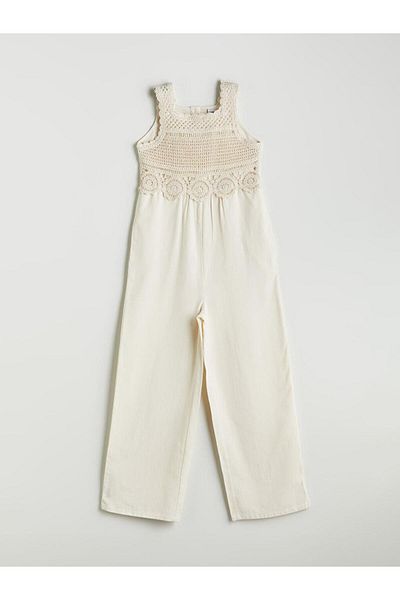 LC Waikiki Square Collar Lace Detailed Linen Blended Girl's Jumpsuit (S5)