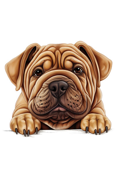 StoryGift Romania Sticker Eticheta 50CM cu un caine Shar Pei, ilustratie, gheare, labute, maro deschis, grasut,