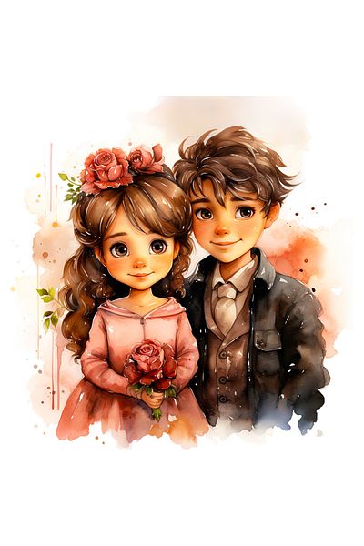 StoryGift Romania Sticker Cu O Fetita Si Un Baietel, Flori, Rochie, Clasic, Ilustratie, Copii, Veseli, Pete