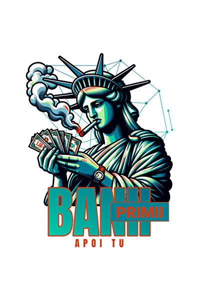 StoryGift Romania Sticker Adeziv 90CM Adeziv banii primii apoi tu, statuia libertatii fumand si numarand bani cu