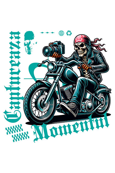 StoryGift Romania Sticker Eticheta 50CM cu Craniu Uman Schelete Motociclist Cu Bandana Rosie Aparat Foto Pasiune