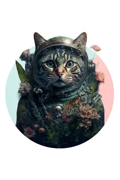 StoryGift Romania 70CM Self-Adhesive Sticker With Portrait of Furry Cat Tiger Style In Astronaut Costume, Colorful Flowers